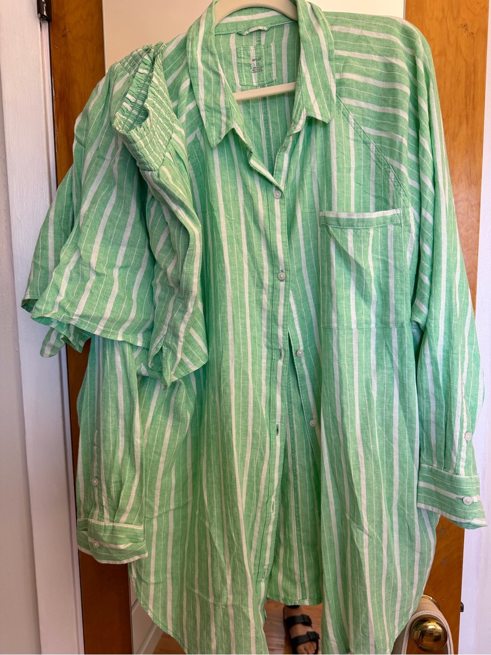 Aerie Women’s Green Striped Button-Up Shirt Short set